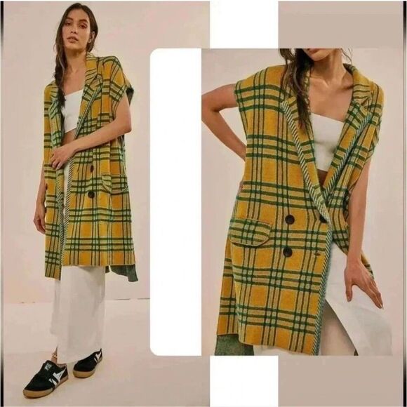 Free people plaid sleeveless peacoat sweater vest long medium new - Picture 2 of 11